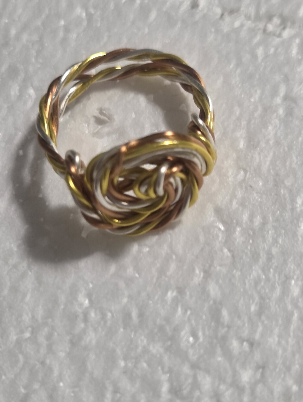 Handcrafted Tri-Tone Twisted Wire Floral Ring - Gold, Copper, Silver